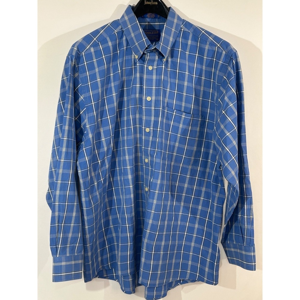 Pendleton Broadway Cloth Mens XL Blue White Check Button Front Shirt 100% Cotton